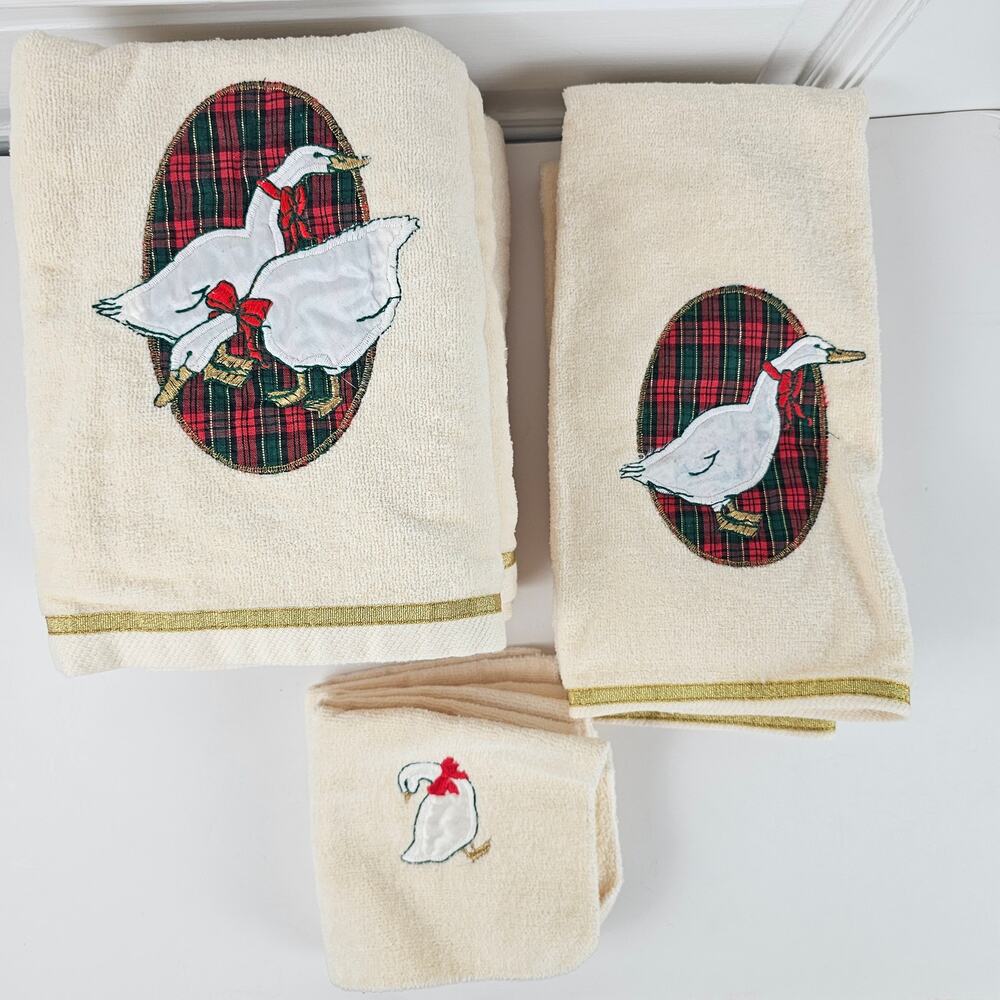 VTG 80s set Christmas goose bath towels linens plaid cottage grandma NWOT